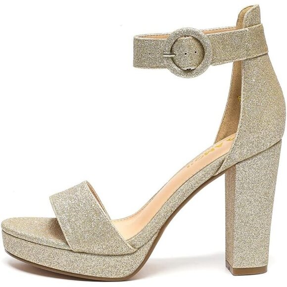 Amoji Women Glitter-gold Faux Suede Open Toe High Heel Chunky Platform Sandals - Picture 2 of 8